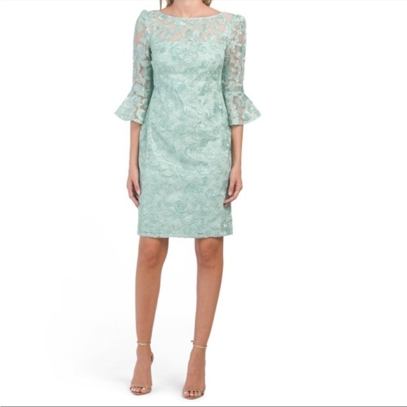 NWT ADRIANNA PAPELL MINT Lace Bell Sleeve Wedding Cocktail Party V Back Spring 2 - Picture 1 of 13